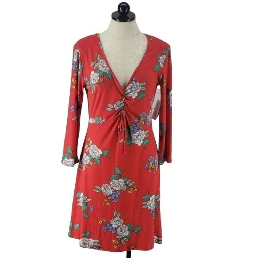 Bobbie Brooks Floral Red Gathered Bust V-Neck Long Sleeve Dress Large